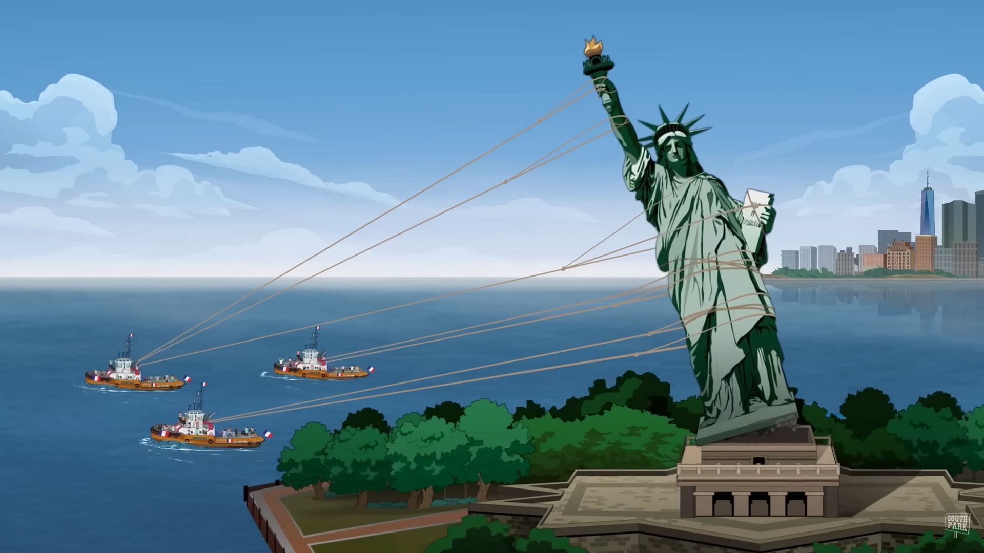 In South Park season 27, tugboats appear to drag the Statue of Liberty away, teasing an international crisis storyline. (Image via South Park Studios)